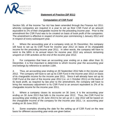 Document preview: Understanding the Changes in CSR Fund Management in Mauritius — Government & admin (StatementOfPractice8CSRFund)