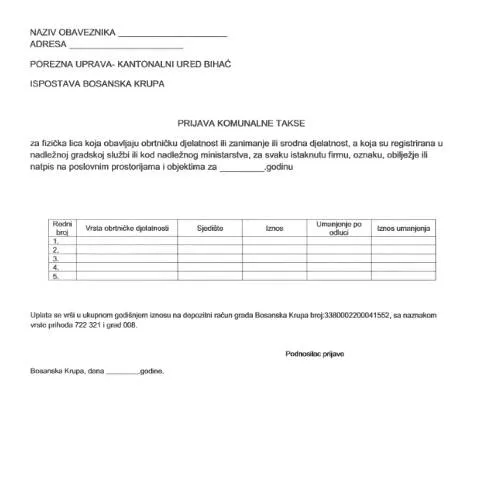 Document preview: Obrazac za prijavu komunalne takse za obrtnike — Porezi i fiskalnost (CERFA n°PKT-USK)