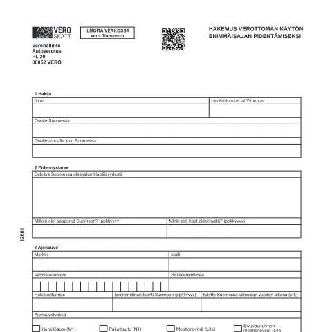 Document preview: Ajoneuvon verottoman käytön enimmäisajan pidentäminen Suomessa — Hallinnolliset asiat (CERFA n°Vero 1260)