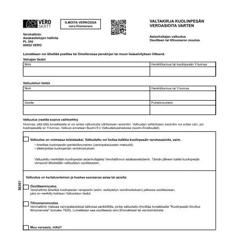 Document preview: Kuolinpesän veroasioiden hoitaminen valtakirjalla (3630) — Verot & verotus (CERFA n°Vero 3630)