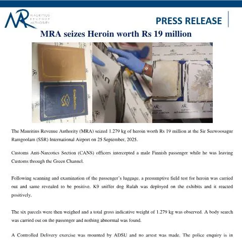 Document preview: MRA's Significant Heroin Seizure at Airport — Government & admin (PressRelease290925)