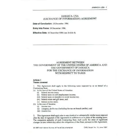 Document preview: Jamaica-U.S. Information Exchange Agreement Form — Government & admin (CERFA n°dta+jamaica_usa)