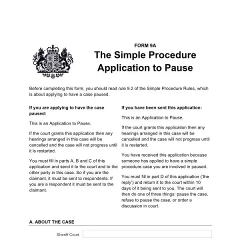 Document preview: Understanding the Simple Procedure Application to Pause (Form 9A) — Legal & justice (Form 9A)