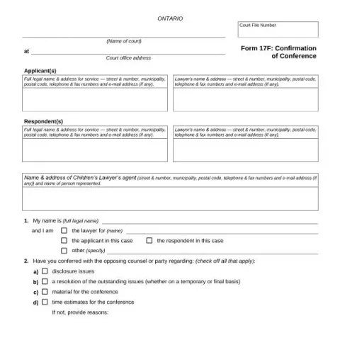 Document preview: Understanding Form 17F: Confirmation of Conference in Ontario Courts — Legal & justice (FLR 17F)