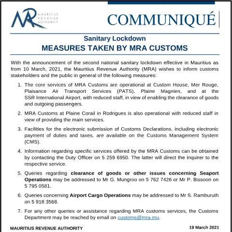 Document preview: Understanding MRA's Recent Customs Initiatives Amid Lockdown — Government & admin (CustomsMeasures190321)