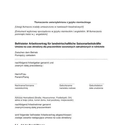 Dokumentvorschau: Befristeter Arbeitsvertrag für landwirtschaftliche Saisonkräfte — Arbeit & Beschäftigung (CERFA n°muster-arbeitsvertrag-landwirtschaftliche-saisonarbeitskraefte-polnisch-deutsch_ba050306)