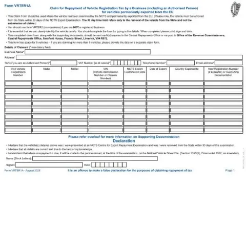 Document preview: Vehicle Registration Tax Repayment Claim Form VRTER1A — Taxes (VRTER1A)