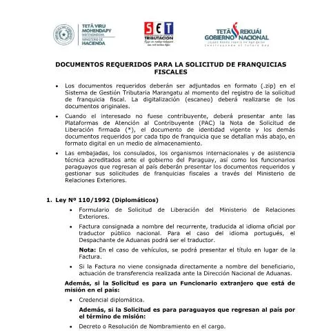 Vista previa del documento Requisitos documentales para franquicias fiscales en Paraguay — Impuestos