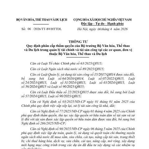 Document preview: Quy định mới về thẩm quyền quản lý tài chính tại Bộ Văn hóa, Thể thao — Thuế & tài chính (CERFA n°06/2026/TT-BVHTTDL)