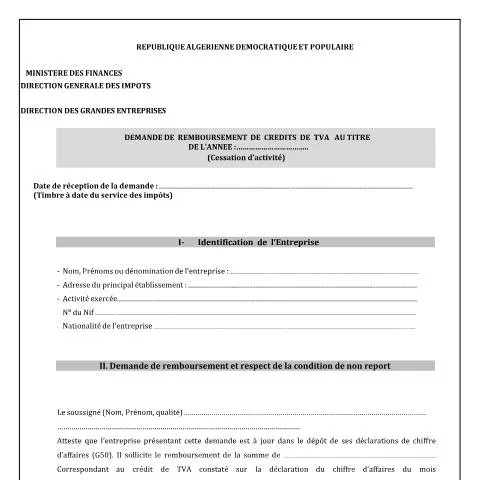 Aperçu du document Remboursement des crédits de TVA en cas de cessation d'activité — Impôts & fiscalité (CERFA n°Demande de remboursement des credits de TVA cessation d activite DGE)