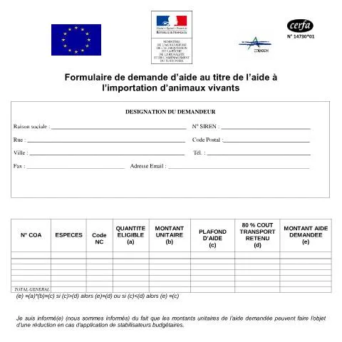 Aperçu du document Aide publique pour l'importation d'animaux vivants en France — Douane & import-export (CERFA n°14730*01)
