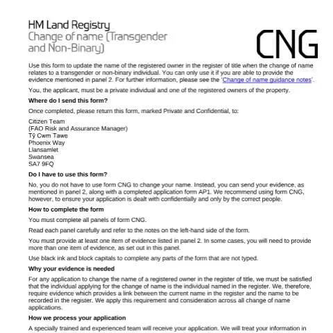 Document preview: HM Land Registry CNG Form: Updating Property Records for Gender — Civil status & identity
