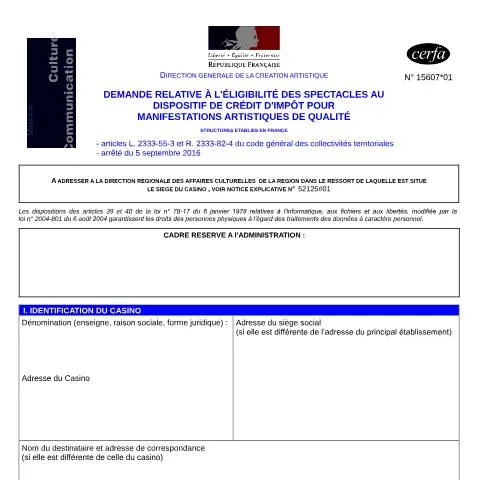 Aperçu du document Demande d'éligibilité au crédit d'impôt spectacles : guide complet — Démarches administratives (CERFA n°15607*01)