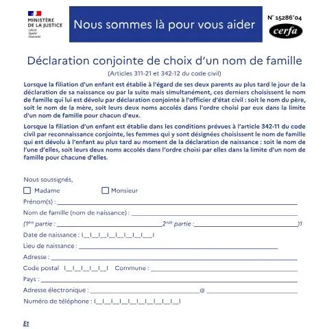 Aperçu du document Déclaration conjointe de nom de famille : démarches et enjeux — État civil & identité (CERFA n°15286*04)