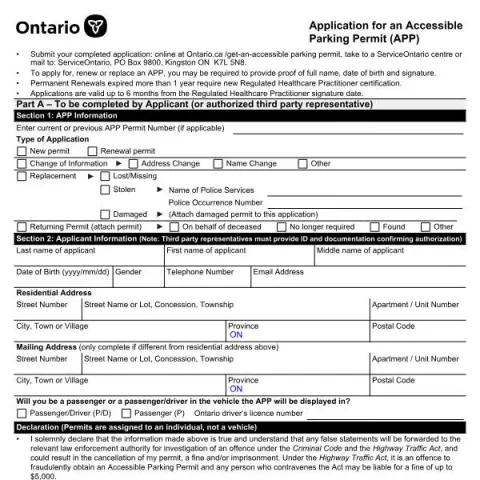 Document preview: Applying for an Accessible Parking Permit in Ontario (English / French) — Vehicle & driving (SR-LV-129E)