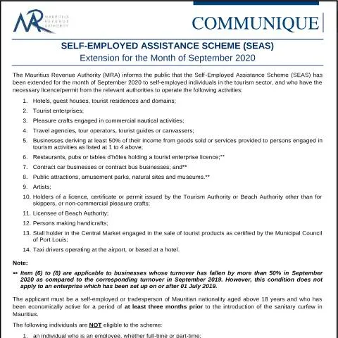 Document preview: Understanding the Self-Employed Assistance Scheme (SEAS) in Mauritius — Work & employment (CERFA n°CommuniqueSEAS131020)