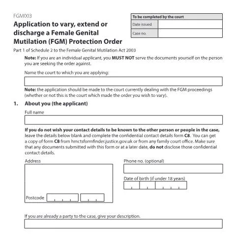 Document preview: Understanding Form FGM003 for FGM Protection Orders — Legal & justice