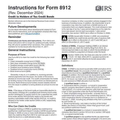Document preview: Unlocking the Benefits of IRS Form 8912 for Tax Credit Bonds — Taxes (CERFA n°INST-8912)