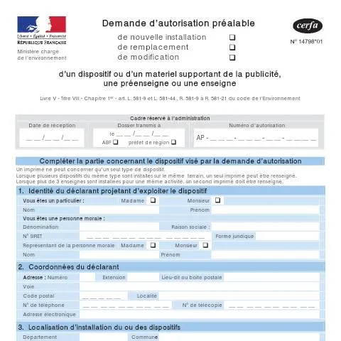 Aperçu du document Autorisation préalable pour dispositifs publicitaires : guide du — Démarches administratives (CERFA n°14798)