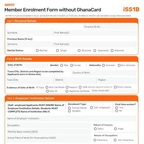 Document preview: Understanding the Member Enrolment Form Without GhanaCard — Benefits & social aid (CERFA n°ISS1B)