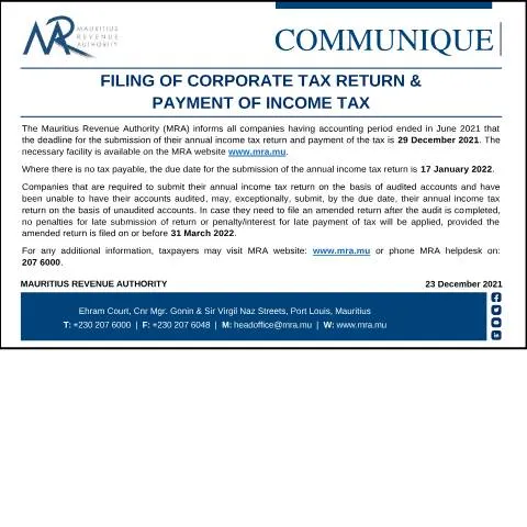 Document preview: Navigating Corporate Tax Returns in Mauritius — Taxes (CERFA n°Communique231221)
