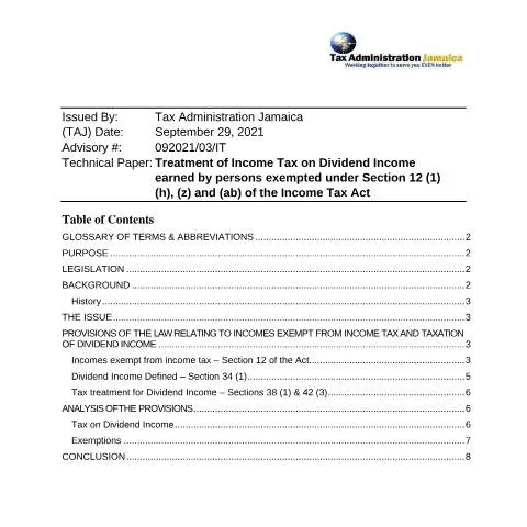 Document preview: Understanding Dividend Income Taxation for Exempt Persons in Jamaica — Taxes (CERFA n°Technical_Advisory_on_Dividend_022022)
