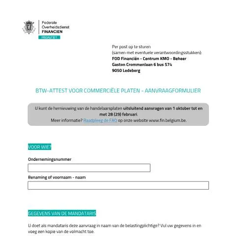 Aperçu du document Procédure de demande d'attestation pour plaques commerciales — Démarches administratives (CERFA n°123-aanvraagformulier-attest-commerciele-platen)