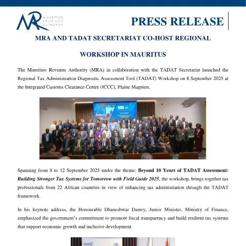Document preview: Enhancing Tax Administration: MRA and TADAT Workshop in Mauritius — Government & admin (PressRelease080925)