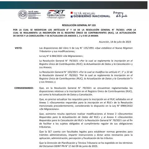 Vista previa del documento Cambios en el RUC por la RG 133 en Paraguay — Trámites administrativos