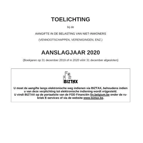 Aperçu du document Comprendre la déclaration d'impôt pour les sociétés non résidentes en — Impôts & fiscalité (CERFA n°121-aangifte-bni-ven-toelichting-2020)
