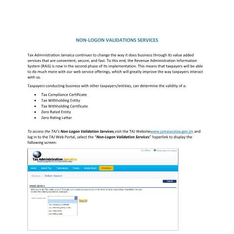 Document preview: Jamaica Non-Logon Validation Services for Tax Verification — Government & admin (CERFA n°eServices+-+Non-Logon+Validation+Services)