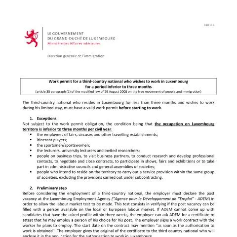 Aperçu du document Guide sur l'autorisation de travail pour séjour court au Luxembourg — Immigration & visas (CERFA n°autorisation-travail-court-sejour-note)