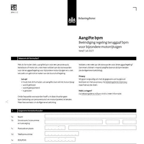 Documentvoorvertoning: Beëindiging regeling teruggaaf bpm voor bijzondere motorrijtuigen — Belastingen (CERFA n°bpm1121z6fol)