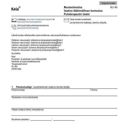 Document preview: Puheterapeutin muutokset vaativassa kuntoutuksessa — Terveys (CERFA n°Kela KU 46)
