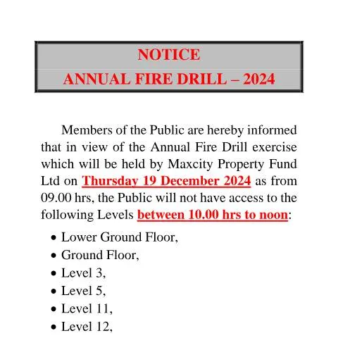 Document preview: Prepare for the Annual Fire Drill on December 19, 2024 — Government & admin (NOTICE-ANNUAL-FIRE-DRILL-2024)