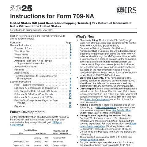 Document preview: Navigating IRS Form 709-NA Instructions for Nonresidents — Taxes (CERFA n°INST-709NA)