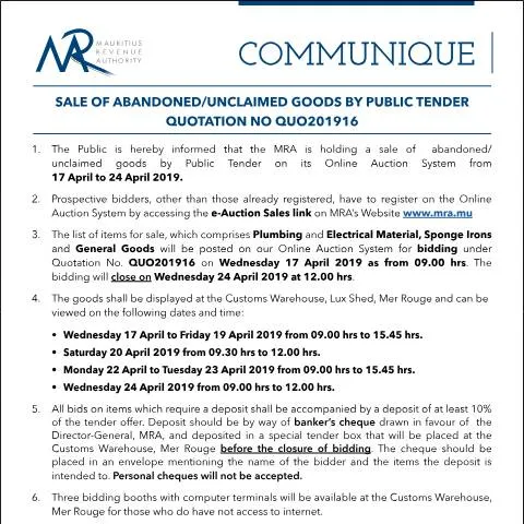 Document preview: Guide to Bidding on Abandoned Goods in Mauritius — Government & admin (CERFA n°Communique16of2019)