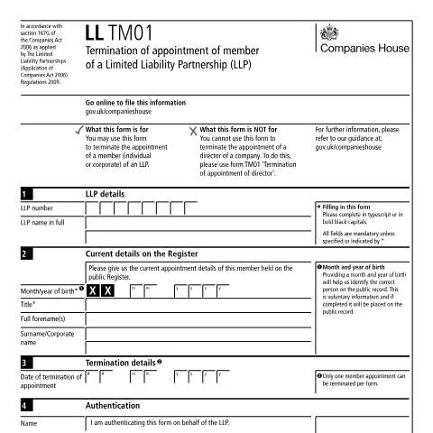 Document preview: How to Terminate LLP Member Appointments Using LL TM01 Form — Business