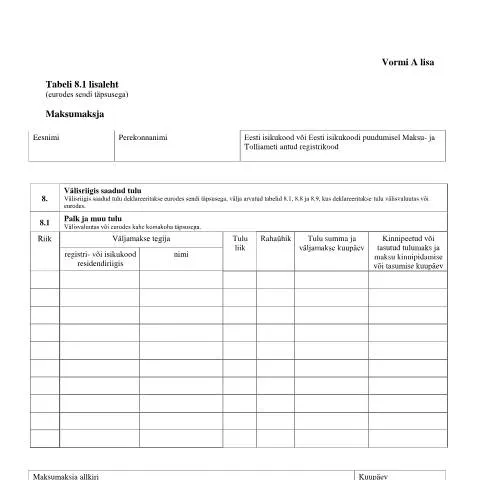 Document preview: Tabeli lisa 8.1 lisaleht ja selle olulisus — Maksud ja maksustamine (CERFA n°VORM A TABEL 8.1 LISALEHT)