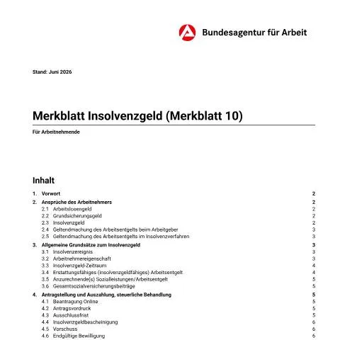 Dokumentvorschau: Wichtige Informationen zum Insolvenzgeld für Arbeitnehmer — Arbeit & Beschäftigung (CERFA n°merkblatt-10-insolvenzgeld_ba032060)