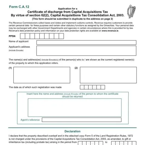 Document preview: How to Apply for a Capital Acquisitions Tax Discharge Using Form CA.12 — Taxes (CA. 12)