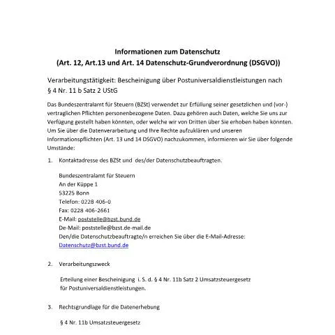 Dokumentvorschau: Bescheinigung Pudl beim BZSt für Postdienstleistungen — Behörden & Verwaltung (CERFA n°Bescheinigung_Pudl)