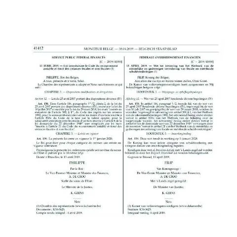 Aperçu du document Loi du 13 avril 2019 sur le recouvrement des créances en Belgique — Juridique & justice (CERFA n°Wet Loi 13 04 2019_0)