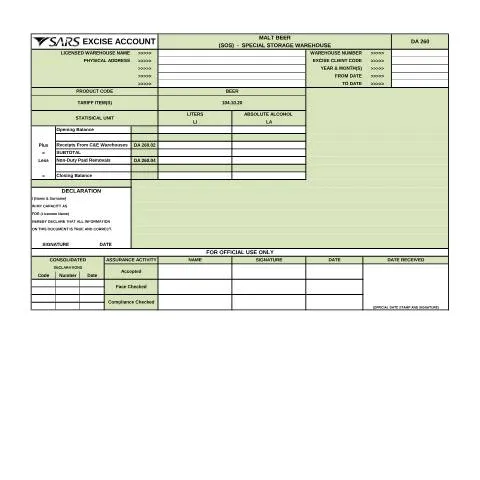 Document preview: Understanding the DA 260A1 Form for Malt Beer Production — Government & admin (CERFA n°DA 260A1)