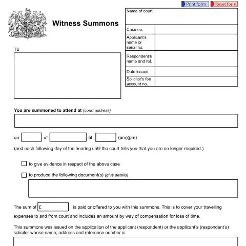 Document preview: Form FP25 Witness Summons: Understanding Court Compulsion Powers — Legal & justice