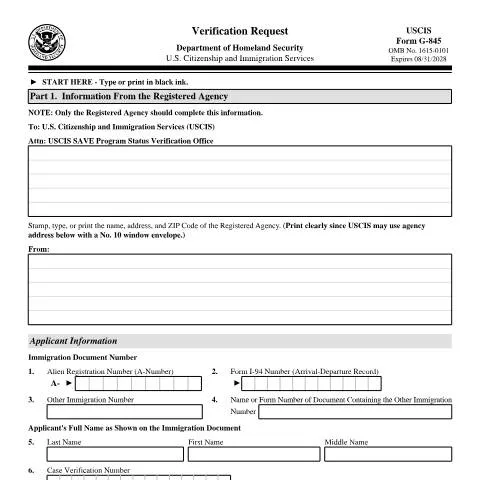 Document preview: Navigating USCIS Form G-845 for Immigration Benefits — Immigration & visas (CERFA n°G-845)