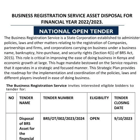 Document preview: Key Insights on the Disposal of BRS Assets in Kenya — Government & admin (CERFA n°Tender-Notice-DISPOSAL-OF-BRS-ASSETS)