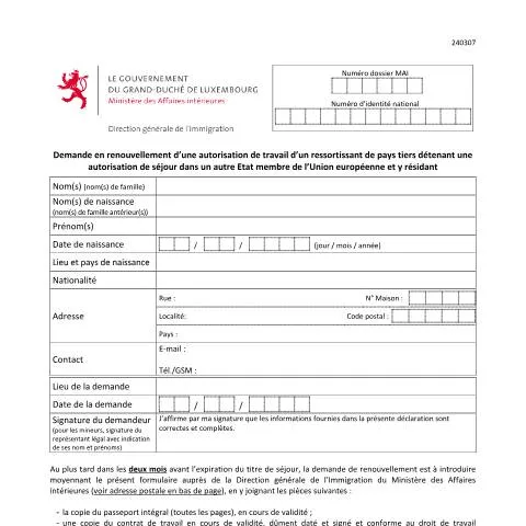 Aperçu du document Guide sur le renouvellement d'autorisation de travail pour les — Immigration & visas (CERFA n°renouvellement-travail-frontalier-tiers)