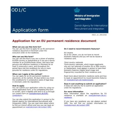 Document preview: Forstå OD1C: Din vej til permanent ophold i Danmark — Immigration & visa (CERFA n°OD1C)
