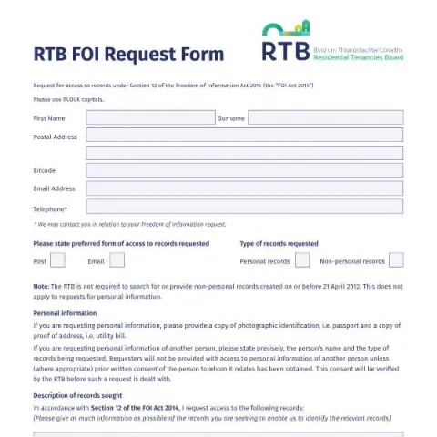 Document preview: Apply for Access to Residential Tenancies Board Records under FOI — Government & admin